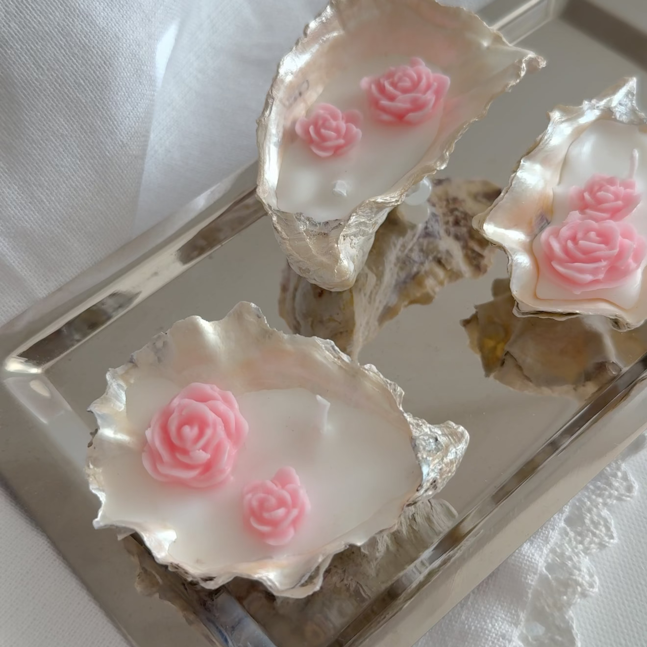 Oyster Shell Candles with Roses