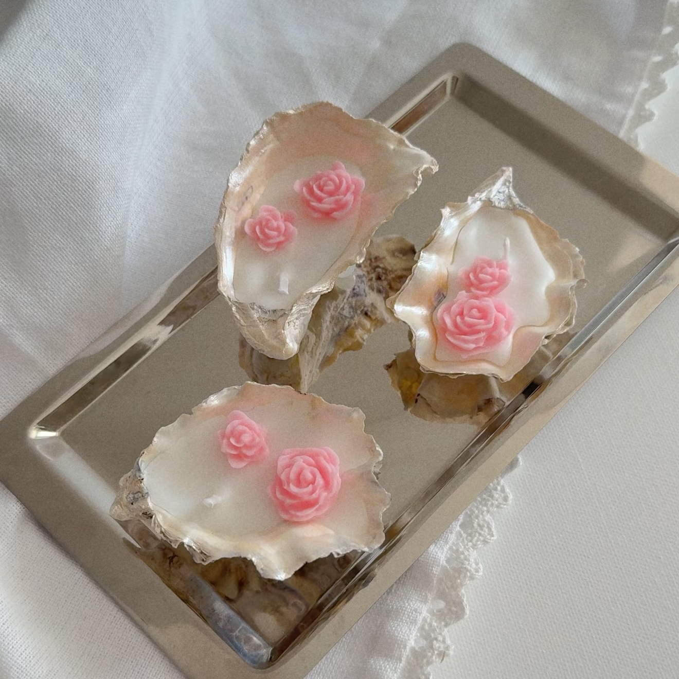 Oyster Shell Candles with Roses