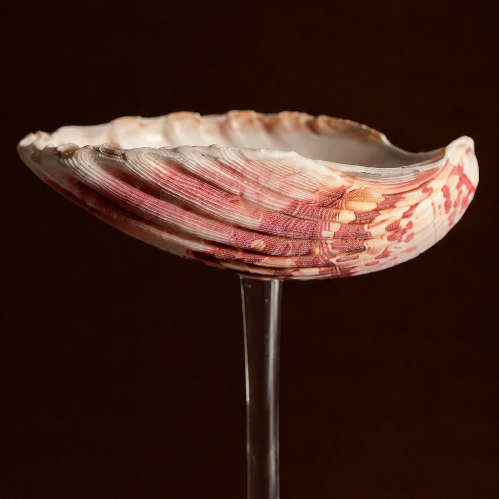 Close-up of natural scallop shell martini glass on glass stem
