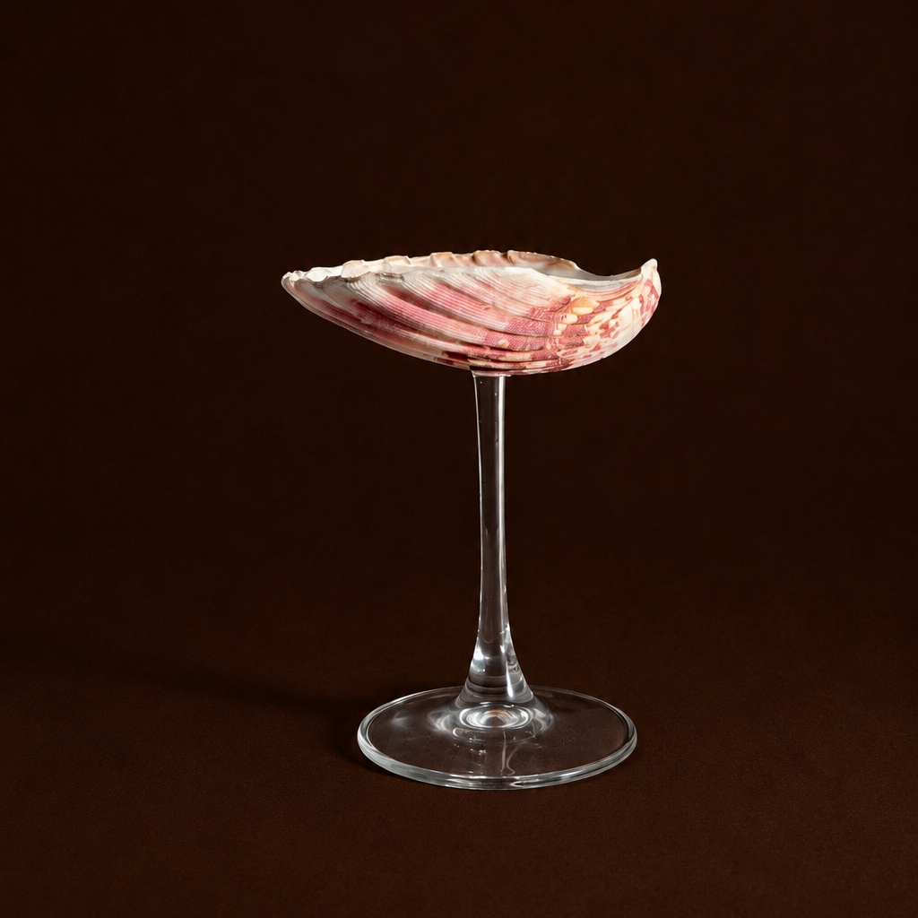 Scallop shell martini glass on clear glass stem, full view
