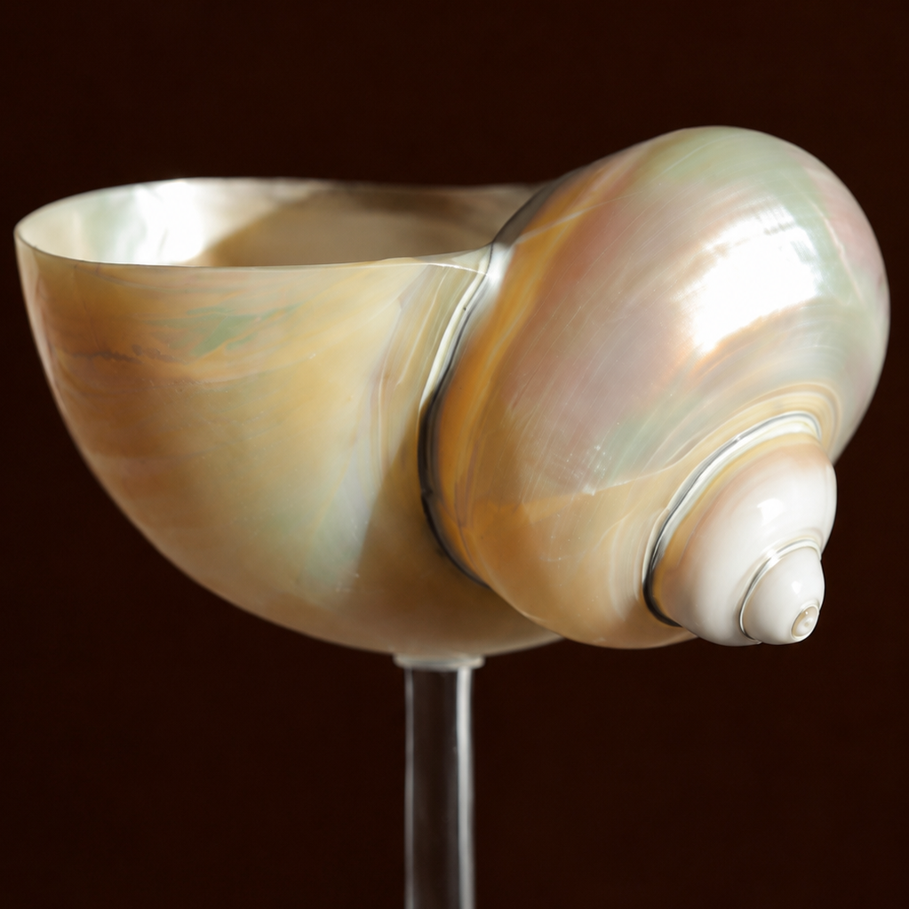 Close-up of natural pearl seashell coupe glass on glass stem