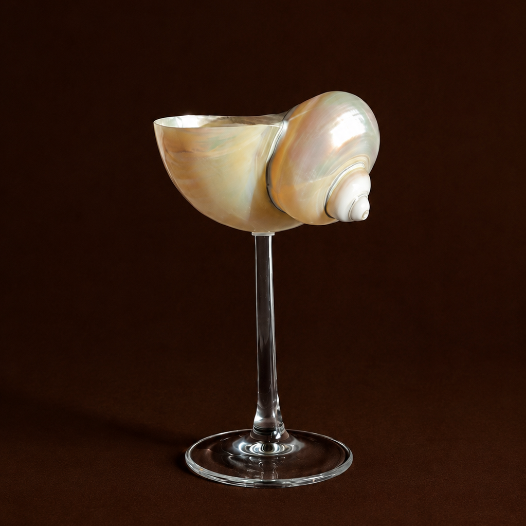 Seashell coupe glass on delicate glass stem, full view