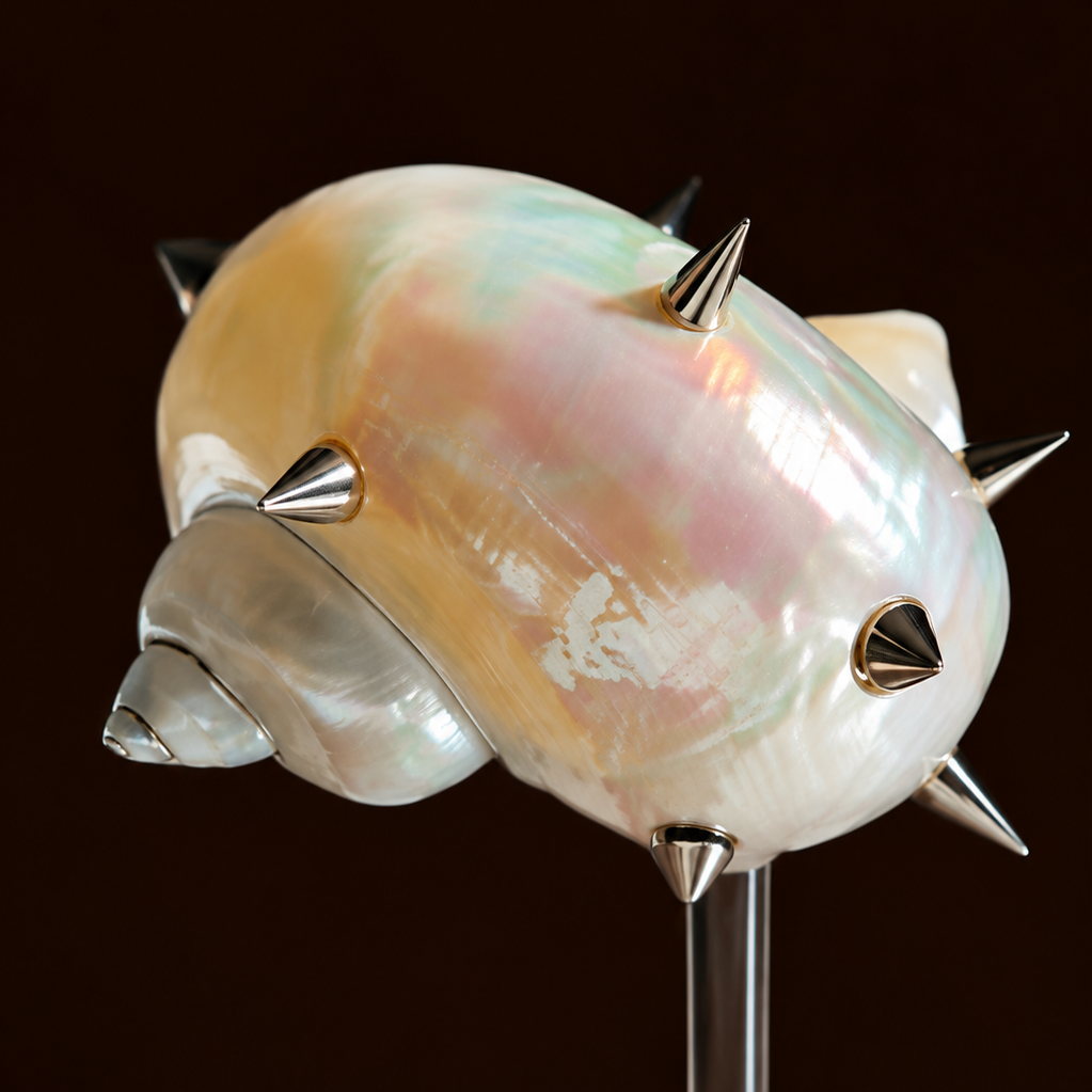 Close-up of spiked pearl shell coupe with metal spikes on glass stem