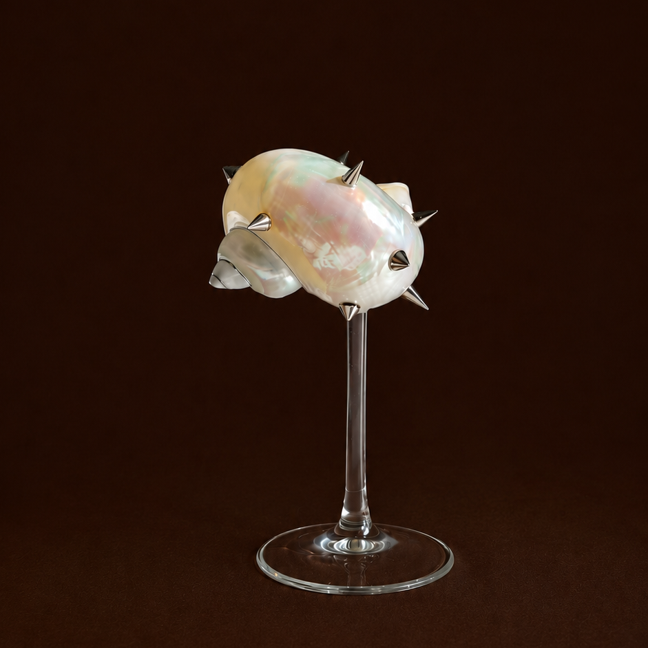 Spiked pearl shell coupe glass on stem, edgy coastal barware decor