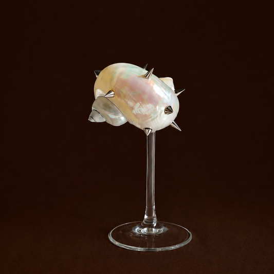 Spiked pearl shell coupe glass on stem, edgy coastal barware decor